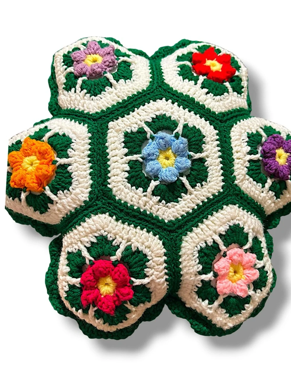 Vintage Handmade Crochet Flower Pillow | Retro Floral Throw Pillow | Boho